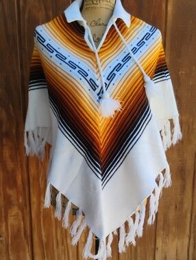 Vintage White & Mustard Striped Fringe Poncho Sweater